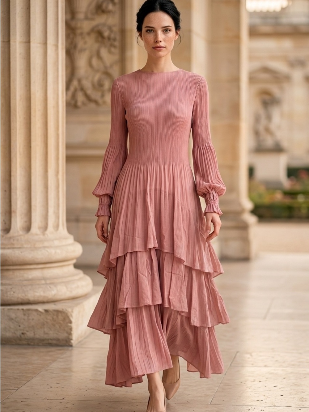 Tiered Maxi Dress in Dusty Rose — Long Sleeve Pleated Design